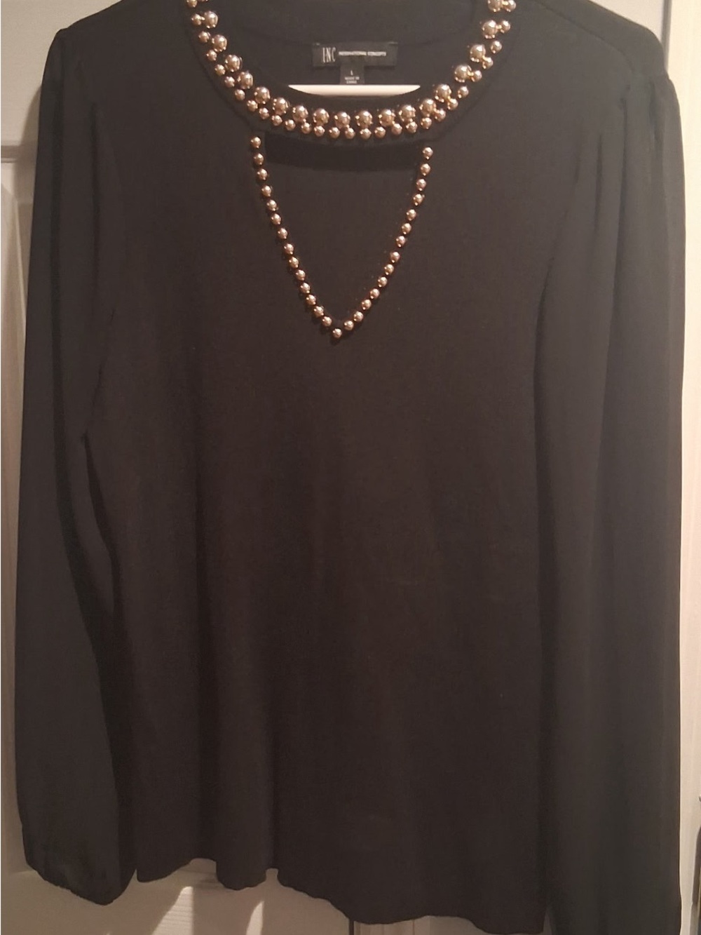 INC International Concepts Black Long-Sleeve Top with Gold Bead Trim
